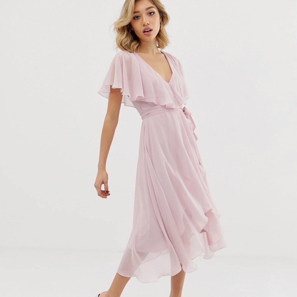 ASOS Pale Pink Flutter-Sleeve Wrap Midi Dress
